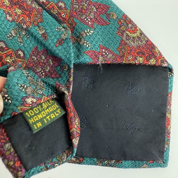 Vtg Club Room Italy Silk Tie Handmade Teal Red Paisley Floral Print Mens Necktie - Picture 5 of 7